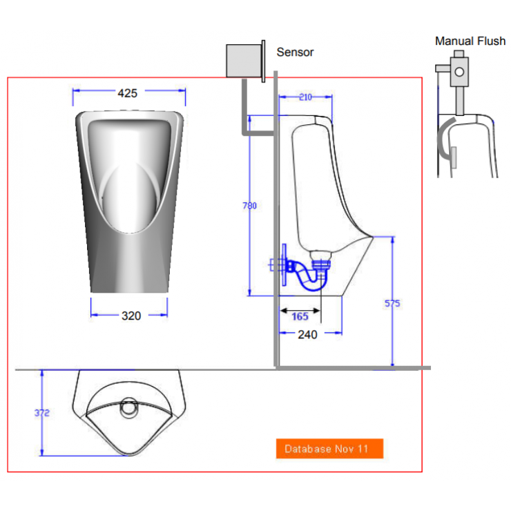Bản vẽ kỹ thuật Bồn tiểu nam American Standard WP-6509B treo tường, xả âm tường