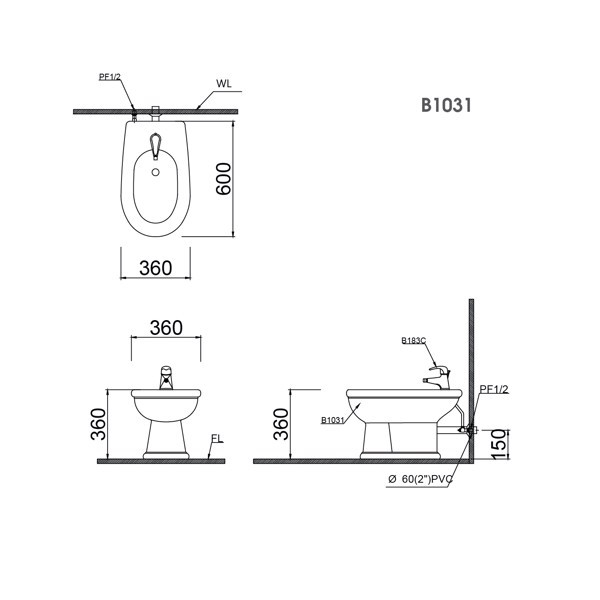 Bản vẽ kỹ thuật Bồn tiểu nữ Caesar B1031