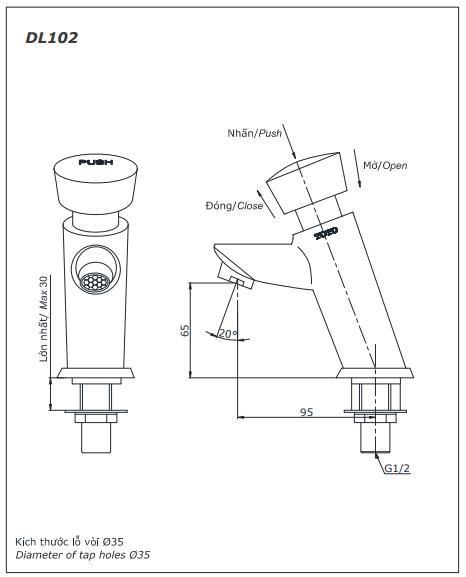 Bản vẽ kỹ thuật Vòi lavabo chậu rửa mặt TOTO DL102 nước lạnh tự ngắt