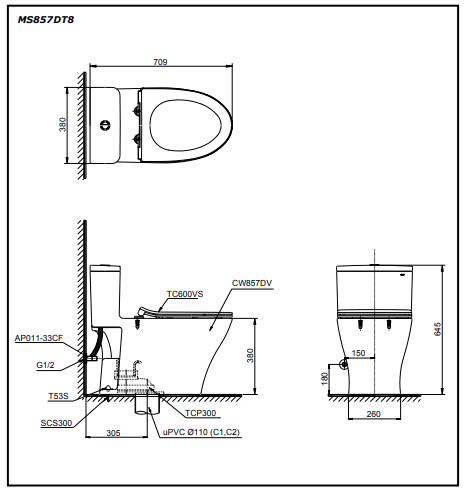 Bản vẽ thiết kế Bồn cầu 1 khối TOTO MS889DRT8#XW nắp êm sứ chống bám bẩn