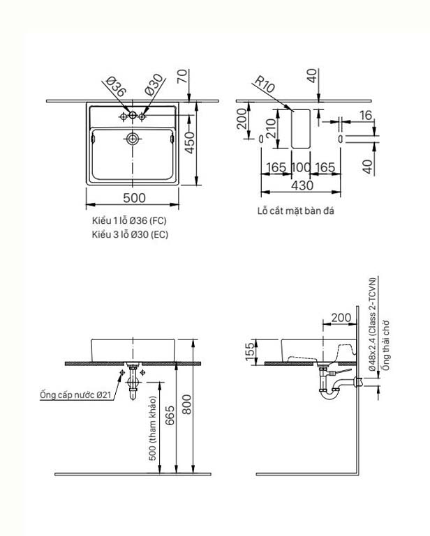 Bản vẽ kỹ thuật Lavabo chậu rửa mặt Inax L-293V đặt bàn (L293V)