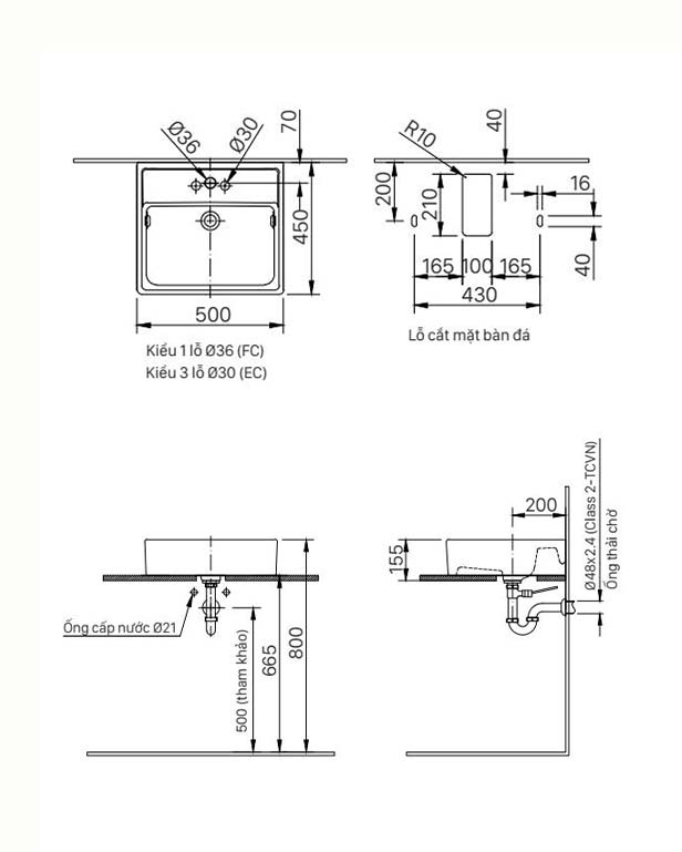 Bản vẽ kỹ thuật Lavabo chậu rửa mặt INAX L-293V đặt bàn (L293V)