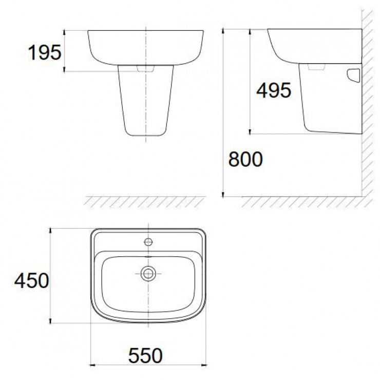 Bản vẽ Lavabo chậu rửa mặt American Standard 0VF-0262 treo tường + chân ngắn VF-7062