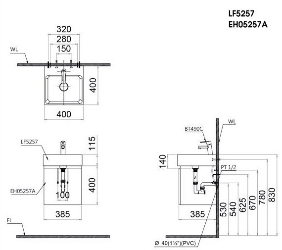 Bản vẽ kỹ thuật Lavabo chậu rửa mặt Caesar LF5257 đặt bàn