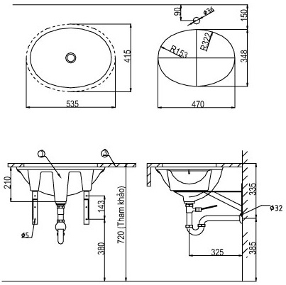Bản vẽ kỹ thuật Lavabo chậu rửa mặt Inax AL-2293V âm bàn sứ chống bám bẩn Aquaceramic (AL2293V)