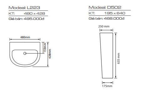 Bản vẽ kỹ thuật Lavabo chậu rửa mặt Ryoni L223 treo tường chân dài