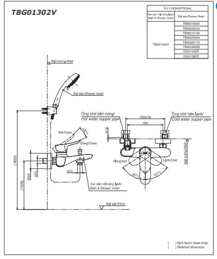 Bản vẽ kỹ thuật Vòi sen tắm TOTO TBG01302V/DGH104ZR nóng lạnh