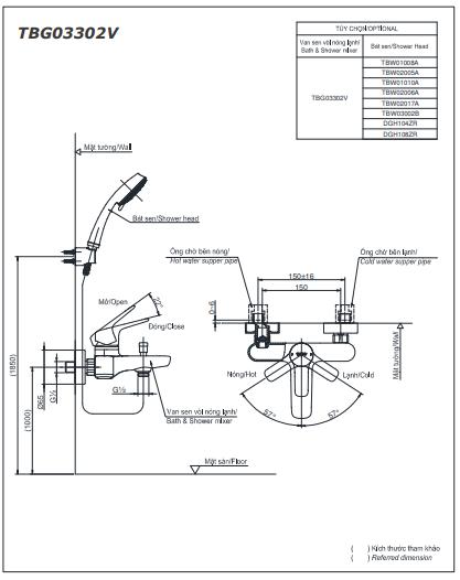 Bản vẽ kỹ thuật Vòi sen tắm TOTO TBG03302VA/TBW01010A nóng lạnh