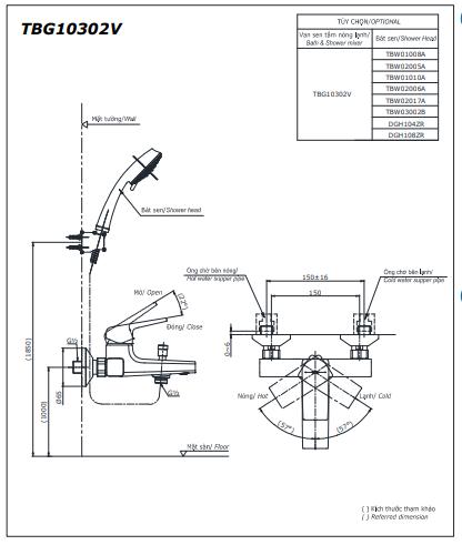 Bản vẽ kỹ thuật Vòi sen tắm TOTO TBG10302VA/DGH108ZR nóng lạnh:
