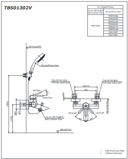 Bản vẽ kỹ thuật Vòi sen tắm TOTO TBS01302V/TBW02006A nóng lạnh