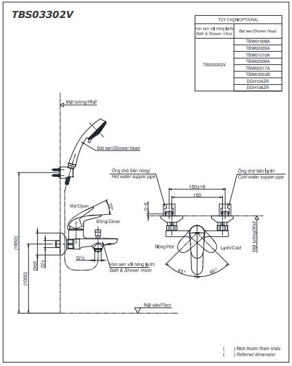 Bản vẽ kỹ thuật Vòi sen tắm TOTO TBS03302V/TBW07012A nóng lạnh