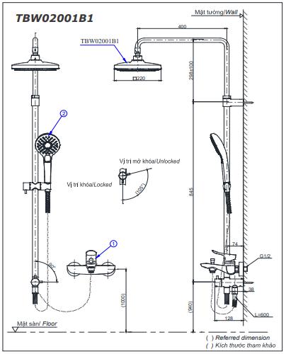 Bản vẽ kỹ thuật Cây sen tắm TOTO TBW02001BA TBG04302VA TBW02005A nóng lạnh
