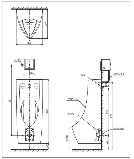Bản vẽ kỹ thuật Bồn tiểu nam TOTO UT901H#XW treo tường:
