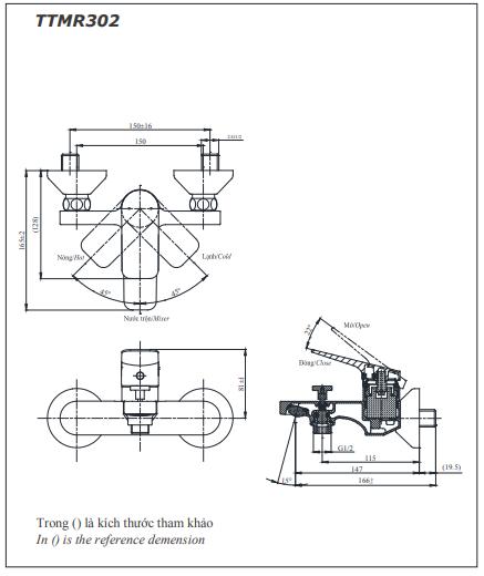 Bản vẽ kỹ thuật Vòi sen tắm TOTO TBV03429V/TBW03002B nóng lạnh