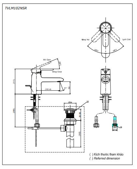 Bản vẽ kỹ thuật Vòi lavabo chậu rửa mặt TOTO TVLM102NSR nóng lạnh