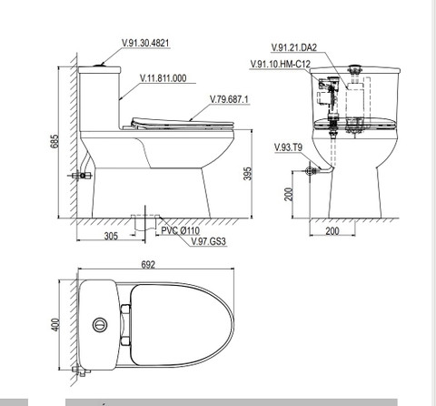 Bản vẽ kỹ thuật Bồn cầu 1 khối Viglacera V811