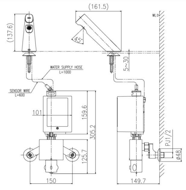 Bản vẽ kỹ thuật Vòi lavabo chậu rửa mặt Inax AMV-300K nước lạnh cảm ứng: