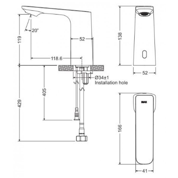 Bản vẽ kỹ thuật Vòi lavabo chậu rửa mặt Inax AMV-91 nóng lạnh cảm ứng: