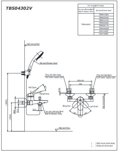 Bản vẽ kỹ thuật Vòi sen tắm TOTO TBS04302V/TBW02017A nóng lạnh