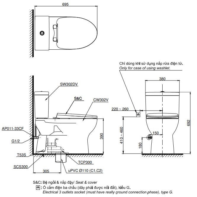 Bản vẽ Bồn cầu 2 khối TOTO CS302DW14#W nắp rửa C5 - TCF24410AAA