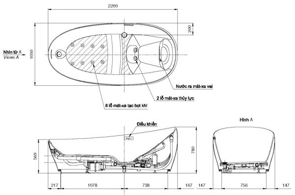 Bản vẽ Bồn tắm đặt sàn TOTO PJYD2200PWE#GW dài 2m2 đá cẩm thạch nhân tạo cao cấp