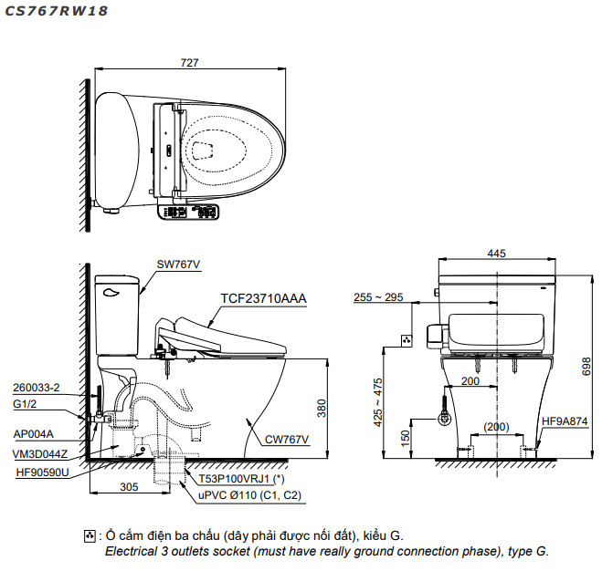 Bản vẽ Bồn cầu 2 khối TOTO CS767RW14 nắp rửa C5 - TCF24410AAA