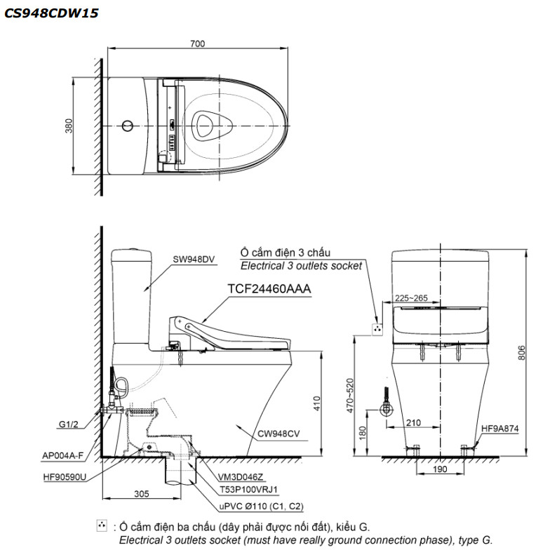 Bản vẽ kỹ thuật Bồn cầu 2 khối TOTO CS948CDW15 nắp rửa S7 - TCF4911EZ