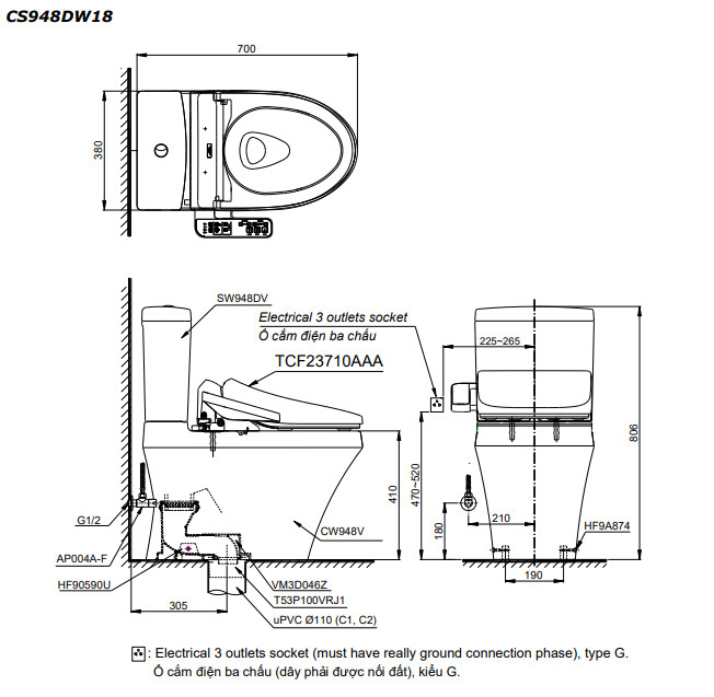 Bản vẽ kỹ thuật Bồn cầu 2 khối TOTO CS948CDW17 nắp rửa C2 - TCF23460AAA