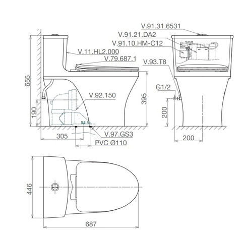 Bản vẽ kỹ thuật Bồn cầu 1 khối Viglacera HL2