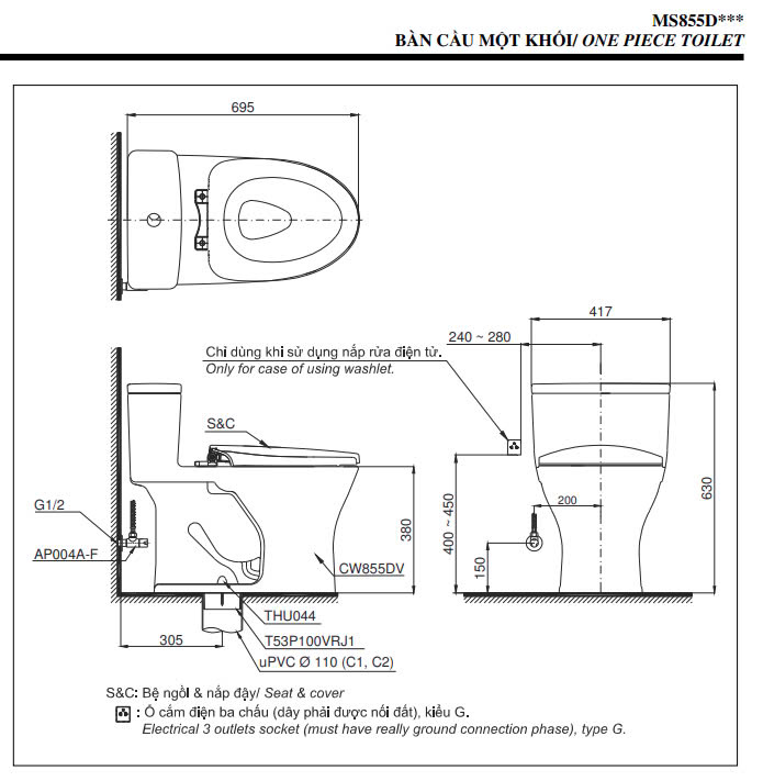 Bản vẽ kỹ thuật Bồn cầu 1 khối TOTO MS855DE4 nắp rửa TCW1211A