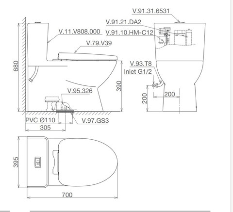 Bản vẽ kỹ thuật Bồn cầu 1 khối Viglacera V808