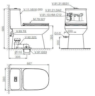 Bản vẽ kỹ thuật Bồn cầu 1 khối Viglacera V816