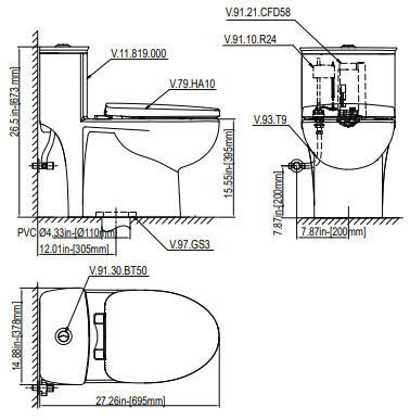 Bản vẽ kỹ thuật Bồn cầu 1 khối Viglacera V819
