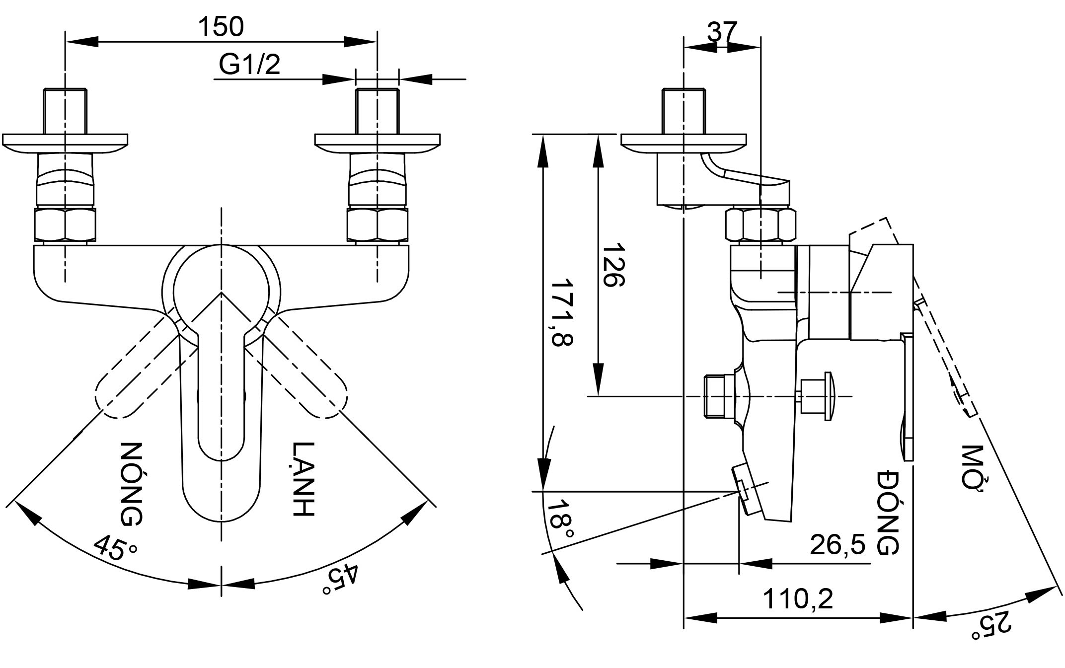 Bản vẽ kỹ thuật Vòi sen tắm nóng lạnh Luxta L-2222 + tay sen TX22 lạnh