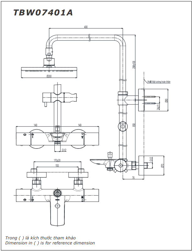 Bản vẽ kỹ thuật Cây sen tắm TOTO TBW07401A nóng lạnh