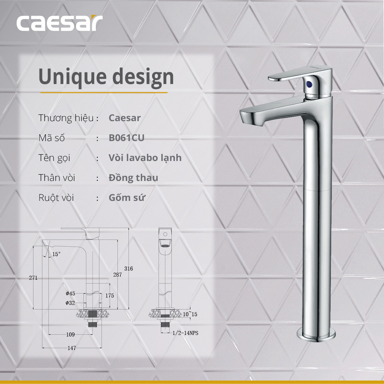 Bản vẽ kỹ thuật Vòi lavabo chậu rửa mặt Caesar B061CU nước lạnh cổ cao