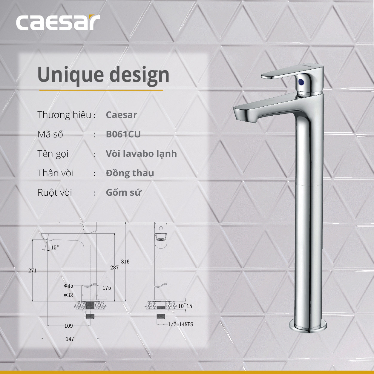 Bản vẽ kỹ thuật Vòi lavabo chậu rửa mặt Caesar B061CU nước lạnh cổ cao