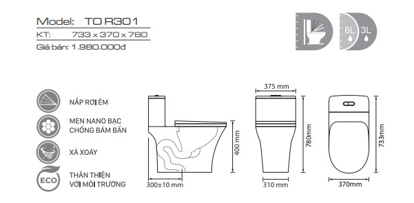 Bản vẽ kỹ thuật bồn cầu Ryoni R301: