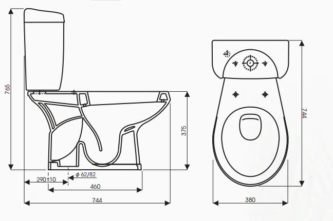 Bản vẽ kỹ thuật Bồn cầu 2 khối Thiên Thanh Ruby nắp thường
