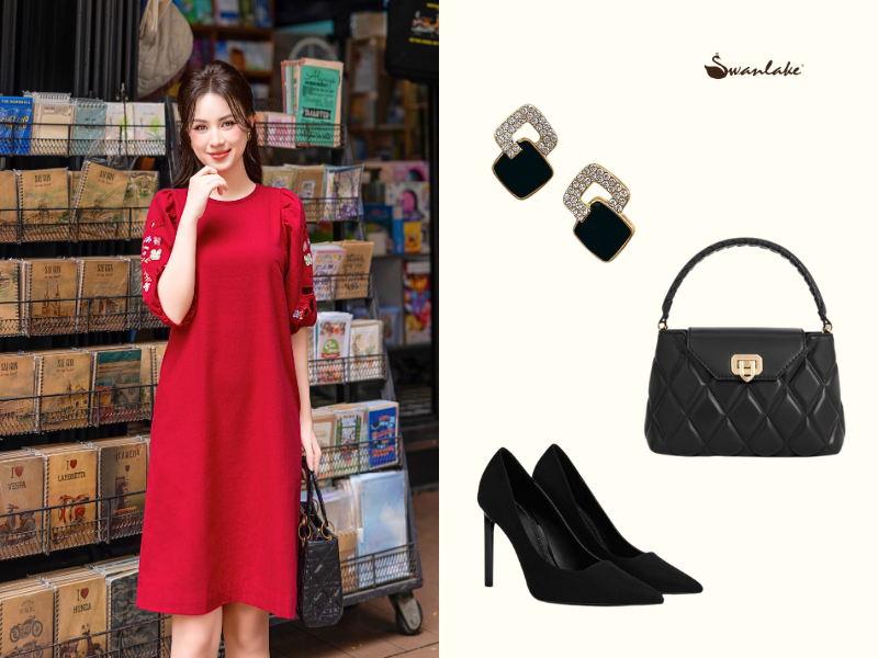 Phối cùng phụ kiện đen cho đầm đỏ vang