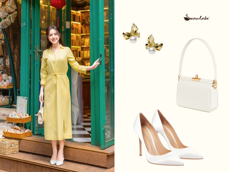 Phối phụ kiện cùng đầm vàng cho mùa thu