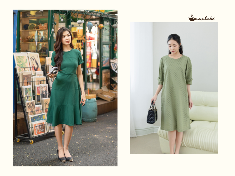 Thiết kế đầm xanh rêu nhẹ nhàng cho mùa thu của phái đẹp thêm lãng mạn