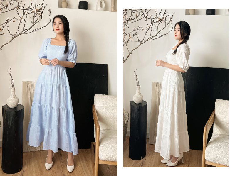 Thiết kế trễ vai giúp nàng khoe trọn bờ vai mềm mại đón gió biển