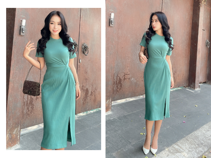 Đầm thun gân cổ tròn xoắn eo sành điệu