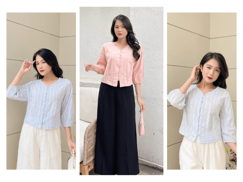 Áo kiểu cổ tim chất liệu Cotton nhẹ nhàng, nữ tính cho nàng