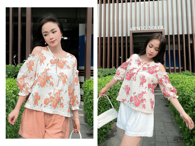 Áo khoét vai Cotton bông đục lỗ trẻ trung
