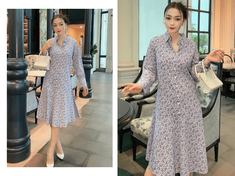 Đầm Lụa Cotton hoa nhí với cổ áo sơ mi kín đáo, thanh lịch cho các nàng diện đến mọi nơi