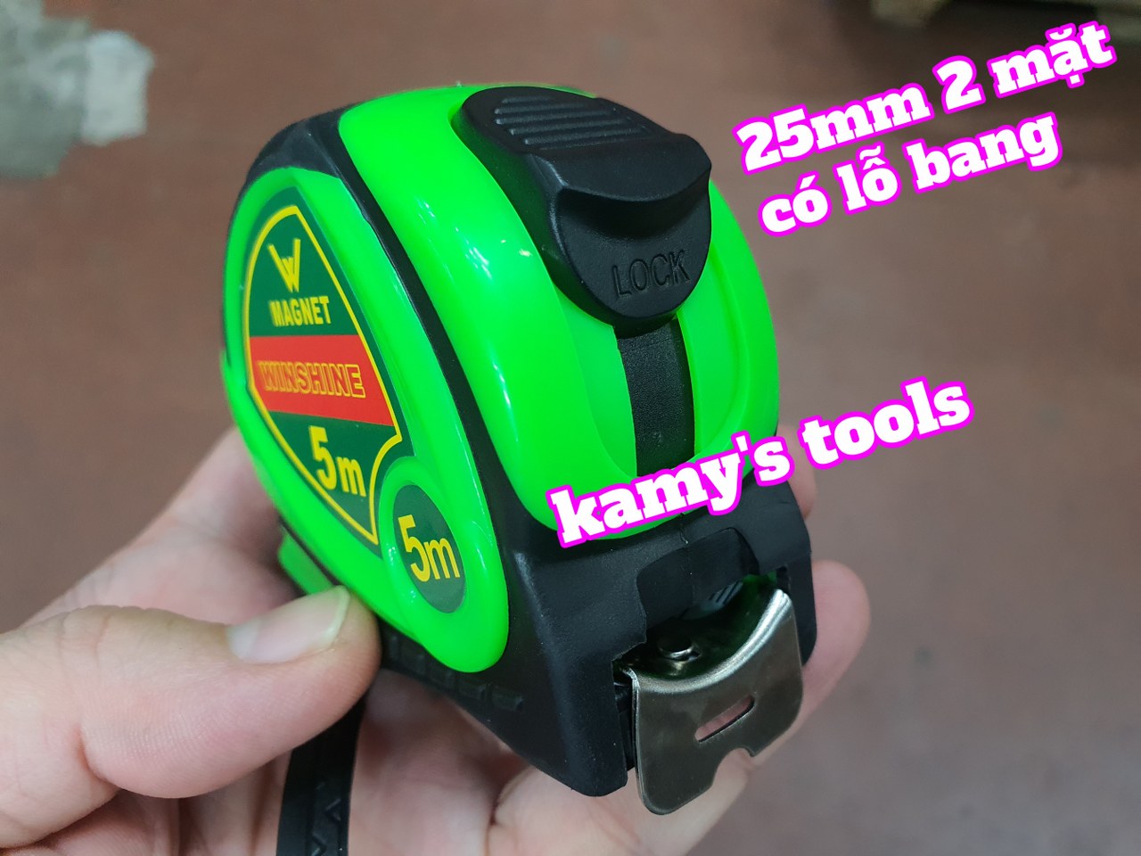 thước cuộn 5m bản 25mm winshine vỏ bọc cao su 2 mặt có lỗ bang, thước kéo 5m, thước rút 5m