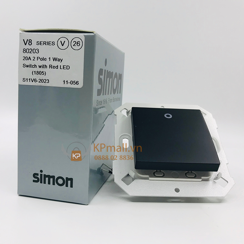 cong tac don 20a 2 cuc 1 chieu co den led mau den simon v8 80203-26