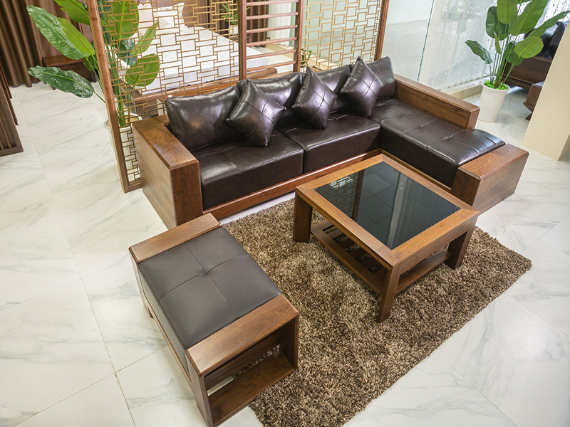 Sofa gỗ đệm da bò chữ L